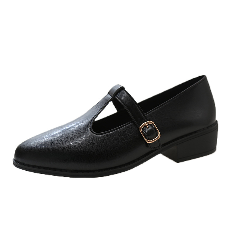 Vintage pointed small leather shoes woman 2024 spring and autumn new soft leather low heel shoes thick buckle Mary Jane woman