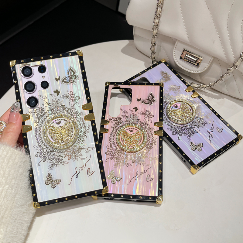 Glitter Butterfly Foldable Stand Kickstand Aurora Bling Square Phone Case For Samsung S24 FE S23 Ultra S22 S21 A05 A05S A15 A35 A55 A14 A34 A54 A13 A3
