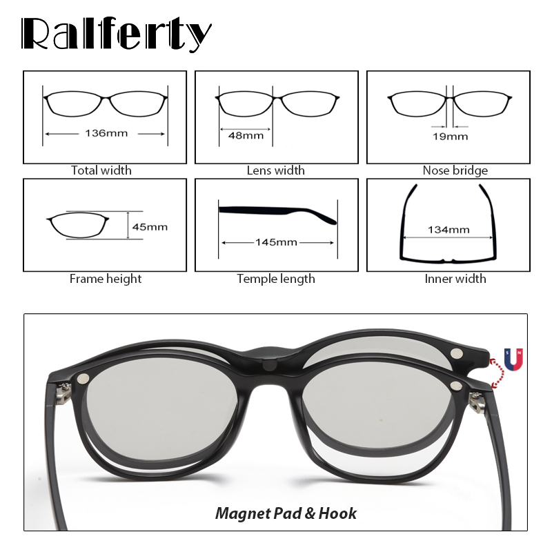 Ralferty Magnet Sunglasses Women Polarized 6 In 1 Eyeglass Frame With Clip On Glasses Men Round UV400 TR90 3D Yellow Oculo A2245