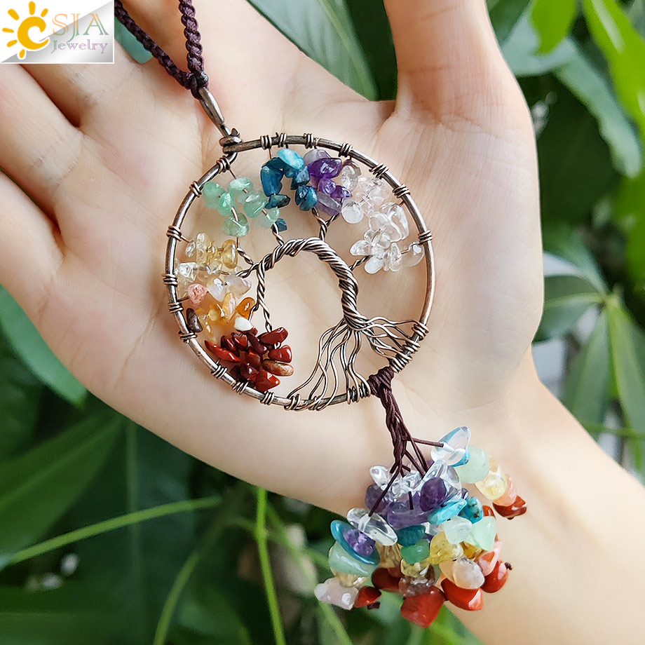 CSJA Natural Crystal Stone Tree of Life Keychain Pendant 7 Chakra Hanging Copper Wire Wrap Round Love Heart Key Ring Holder G790
