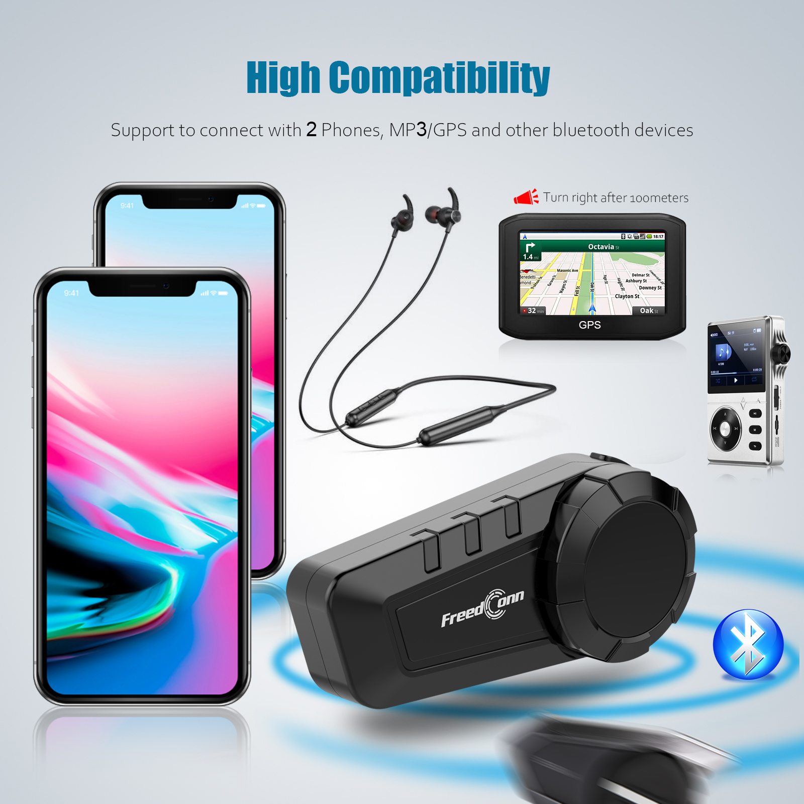 Freedconn Motorcycle Helmet Headset Stereo Bluetooth Intercom Hands Free 6 Riders 1000M Waterproof Music Share FM Speaker