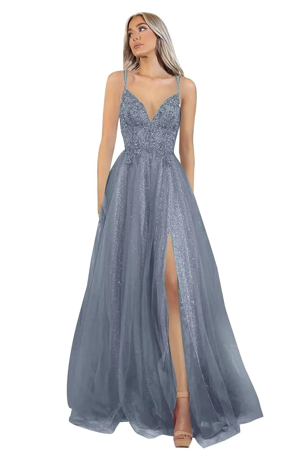 Long Prom Dresses Sequins Beading Deep V-Neck Backless Lace-up Split Tulle A-Line Plus Size Formal Occasion Evening Party Gown Pd22