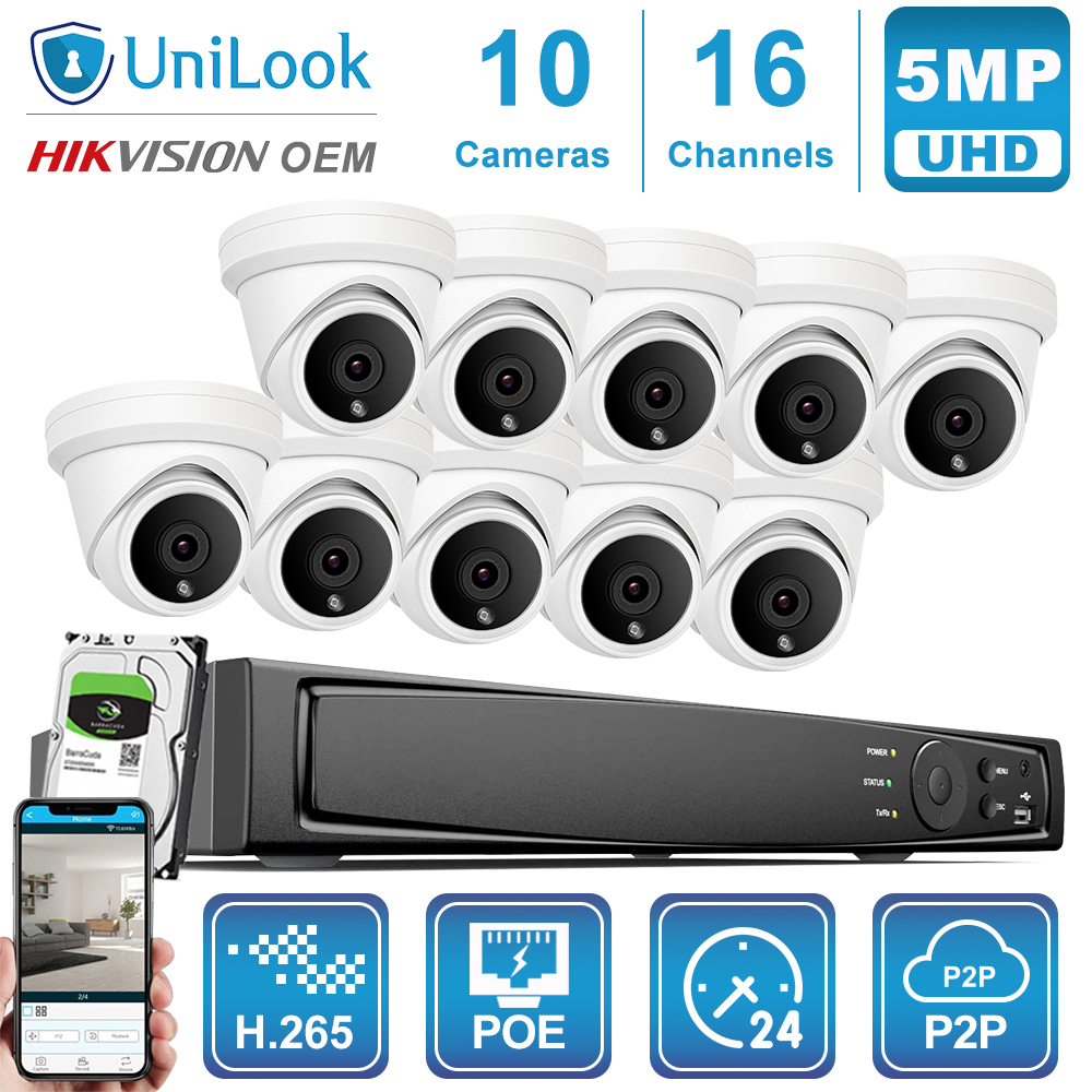 UniLook 16CH NVR 5MP Turret POE IP Camera 8/10/12/16PCS Outdoor Security OEM H.265 CCTV system NVR Kit With HDD P2P