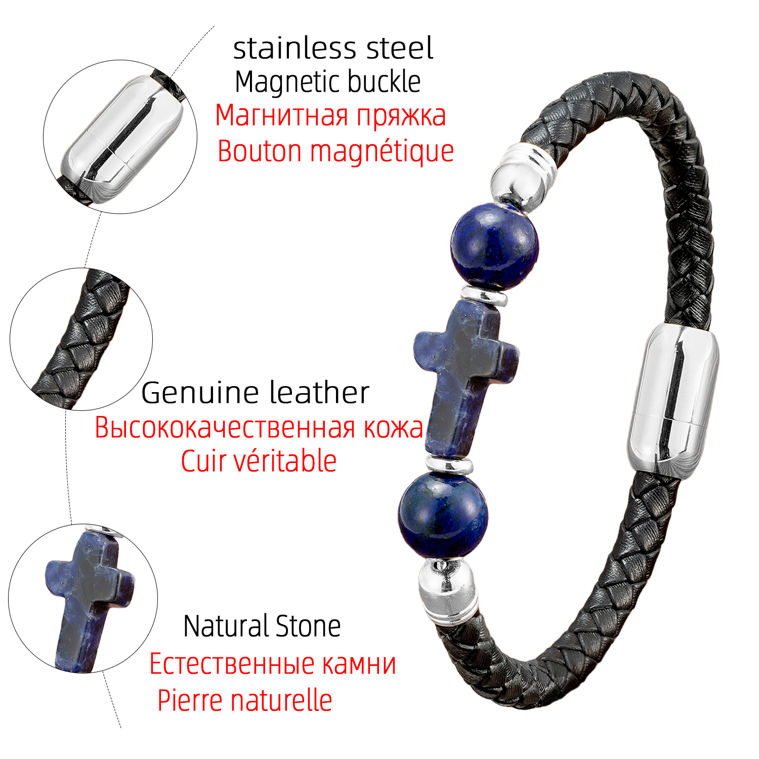 Natural Round Tiger Eye Stone Men Women Cross Charm Bracelet Weave Genuine Leather Handmade Bracelet Trendy Jewelry Wholesale