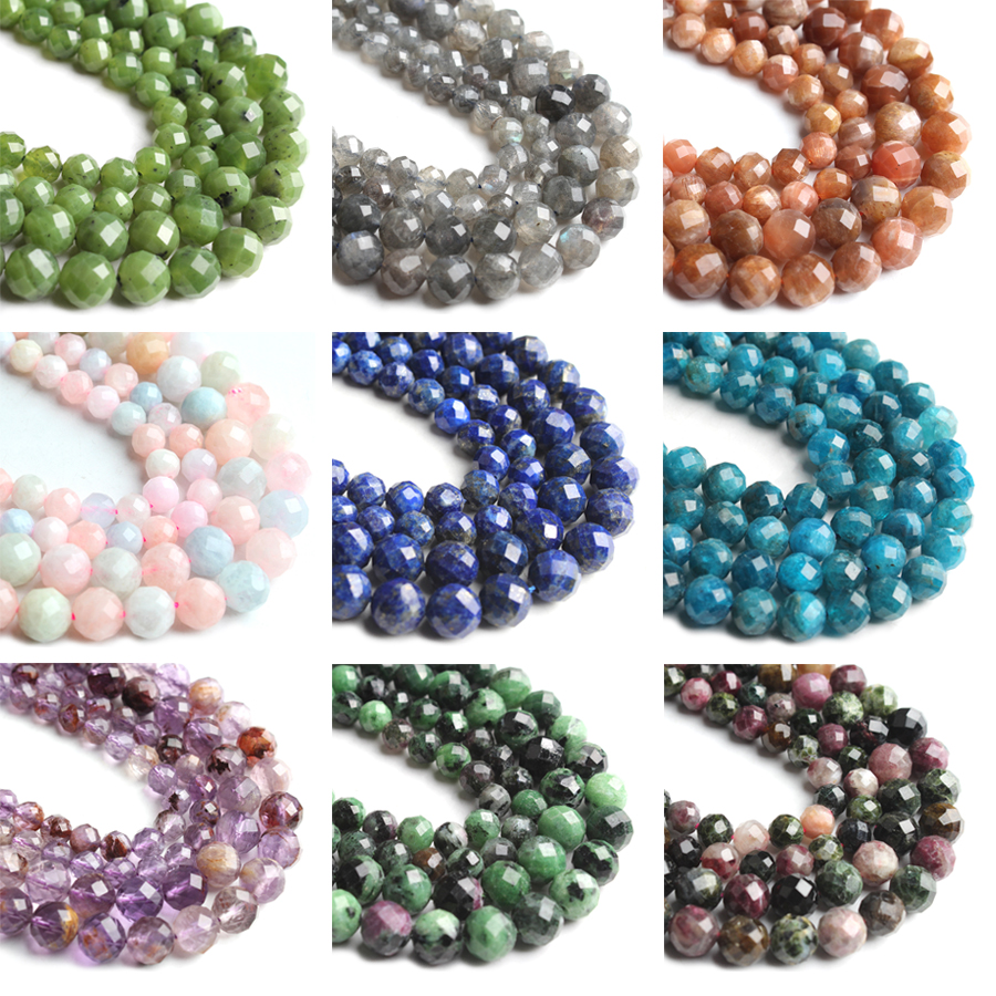 AAA Natural Apatite Aquamarines Sunstone Tourmaline Gems Beads Faceted Stone Beads for Jewelry Making Bulk DIY Bracelets 7.5inch