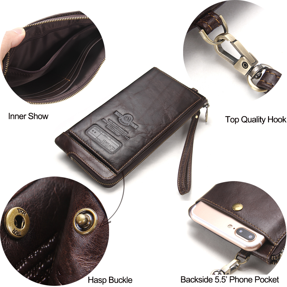 CONTACT'S Wristlet Bag Genuine Leather RFID Cellphone Wallet Men's Clutch Wallets Men Credit Card Holder Male Long Purse Zipper