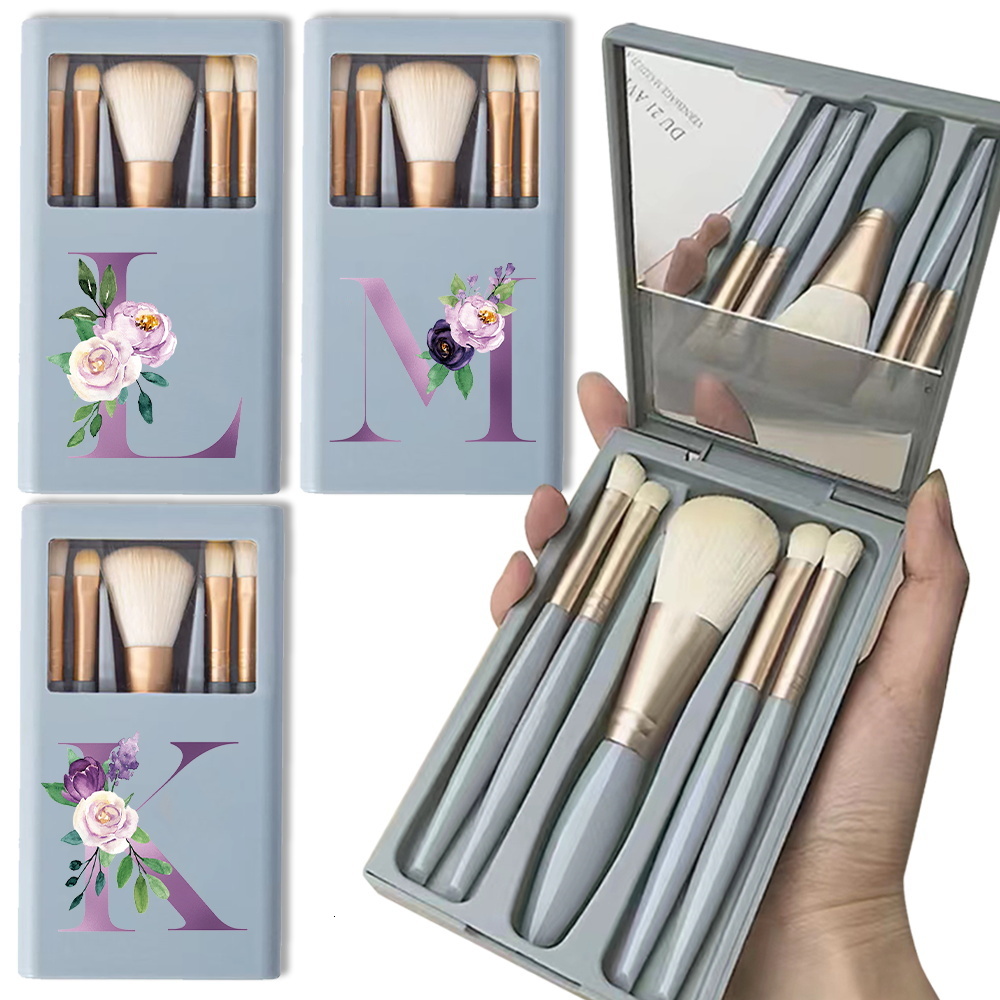 5Pcs Makeup Kit With Mirror Women Durable Cosmetic Brush Case Beauty Tools Brushes Storage Box Purple Letter Pattern