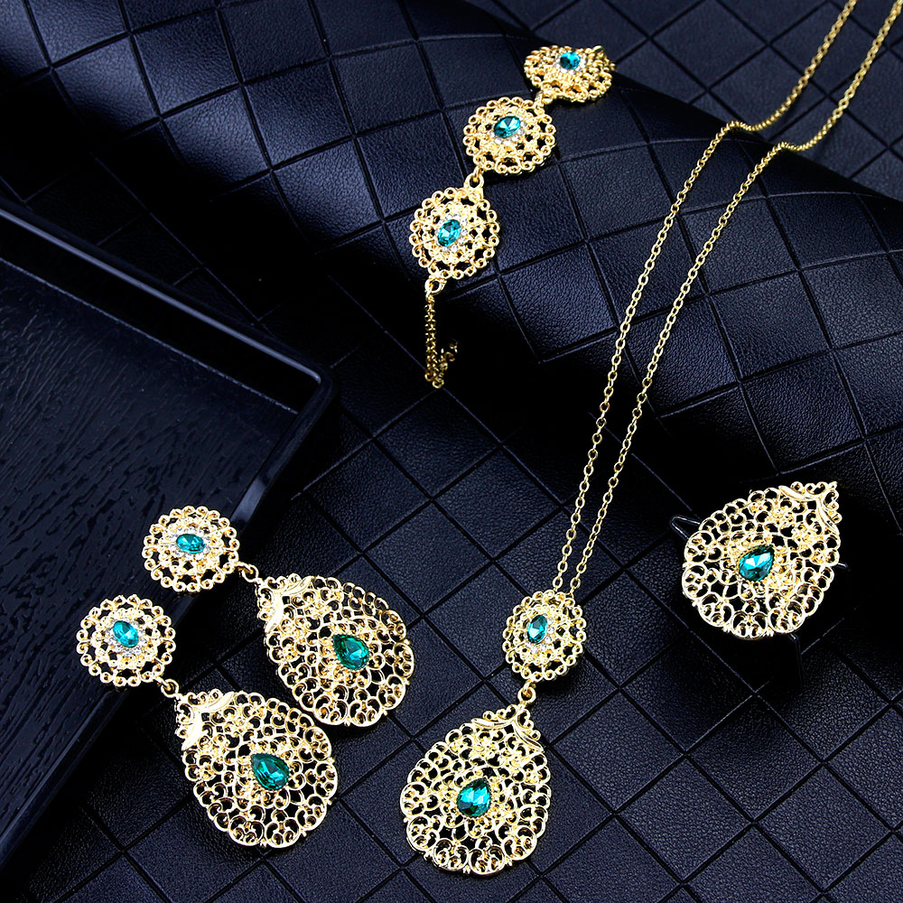 Sunspicems Elegant Morocco Algerian Earring Necklace Ring Bracelet Gold Color Arabic Women Wedding Jewelry Set Africa Bride Gift