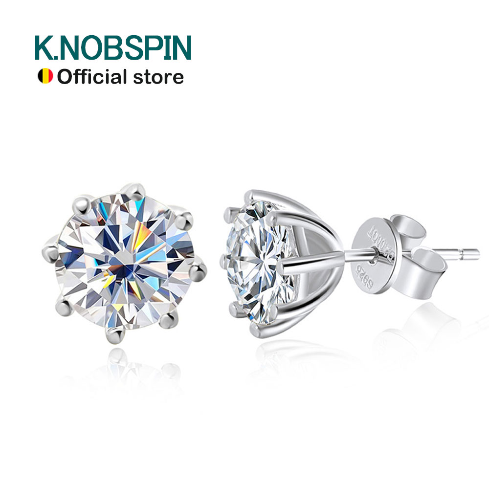 KNOBSPIN D Color Moissanite Earring S925 Sterling Sliver Plated 18k White Gold Earrings for Women Man Sparkling Wedding Jewelry