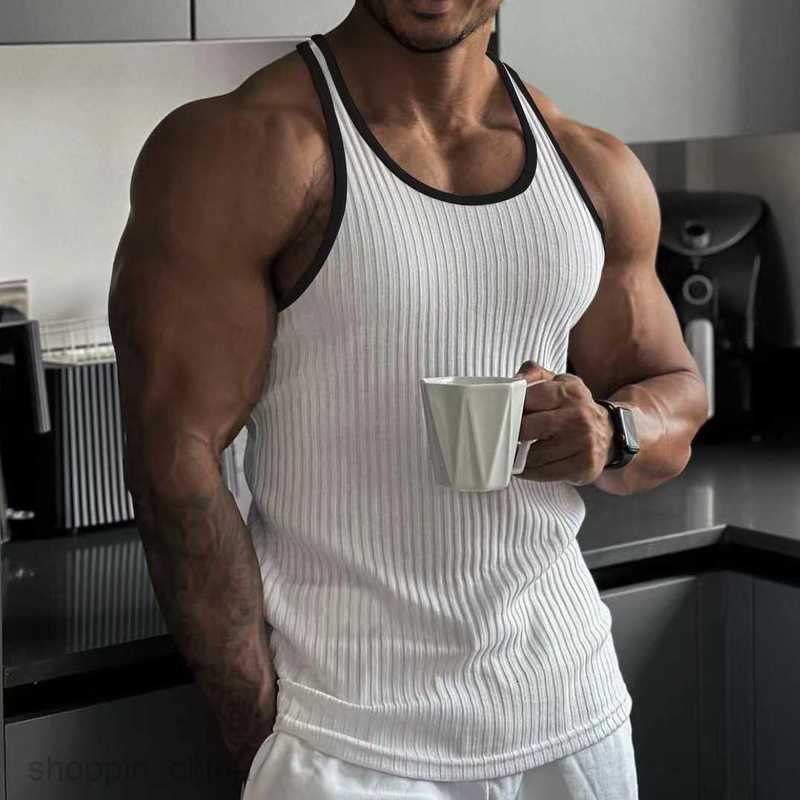 Men's T Shirts Summer Knitted Vertical Stripe Fitness Sports Slim Fit Tank Top for Male Racerback Color Block Tank Top tees tops