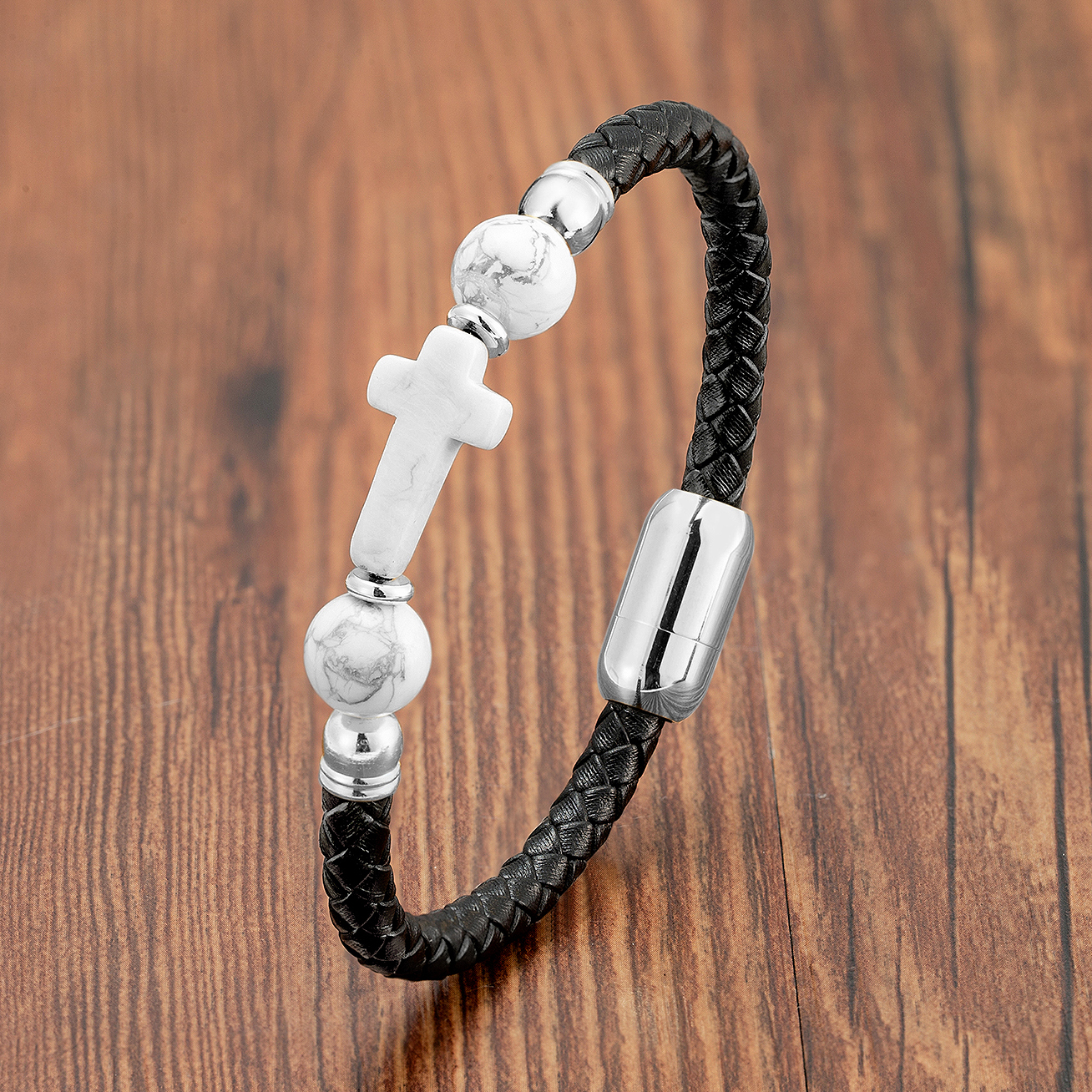Natural Round Tiger Eye Stone Men Women Cross Charm Bracelet Weave Genuine Leather Handmade Bracelet Trendy Jewelry Wholesale