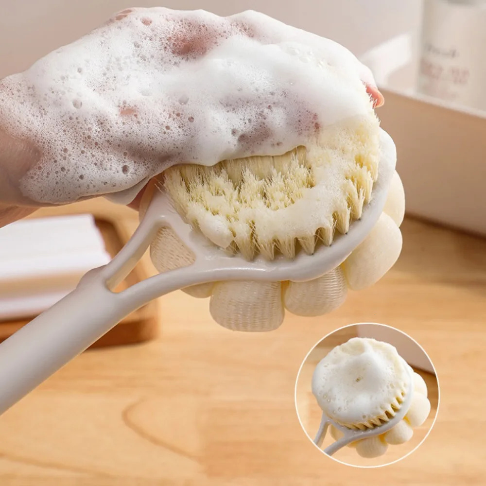 Silicone Double Side Brush Head Back Scrubber Shower Brush With Long Handle Dry Skin Exfoliating Body Massage Cleaning Tools 240624
