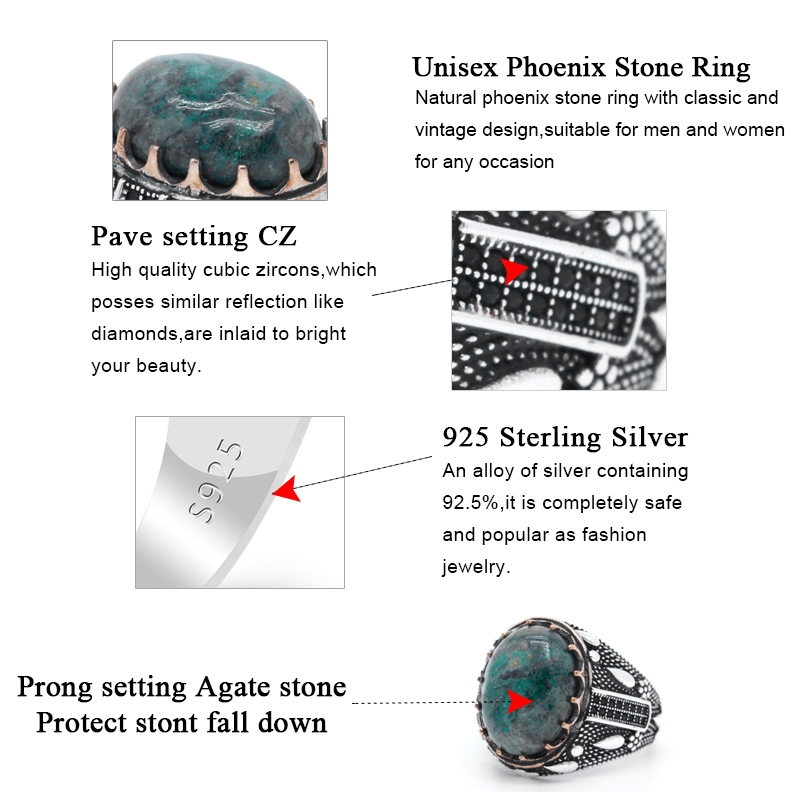 Turkish Jewelry 925 Sterling Silver Men's Ring Natural Phoenix Stone & Black CZ Ring Water Drop Design for Male Fine Jewelry