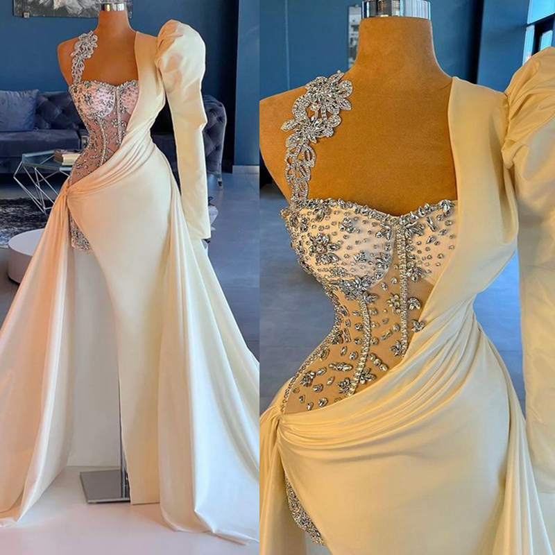 2024 Prom Dresses For Special Occasions Sexy Side Split Rhinestones Decorated Satin Long Sleeves Beaded Birthday Dress Vestido De Sorrie For Black Wom