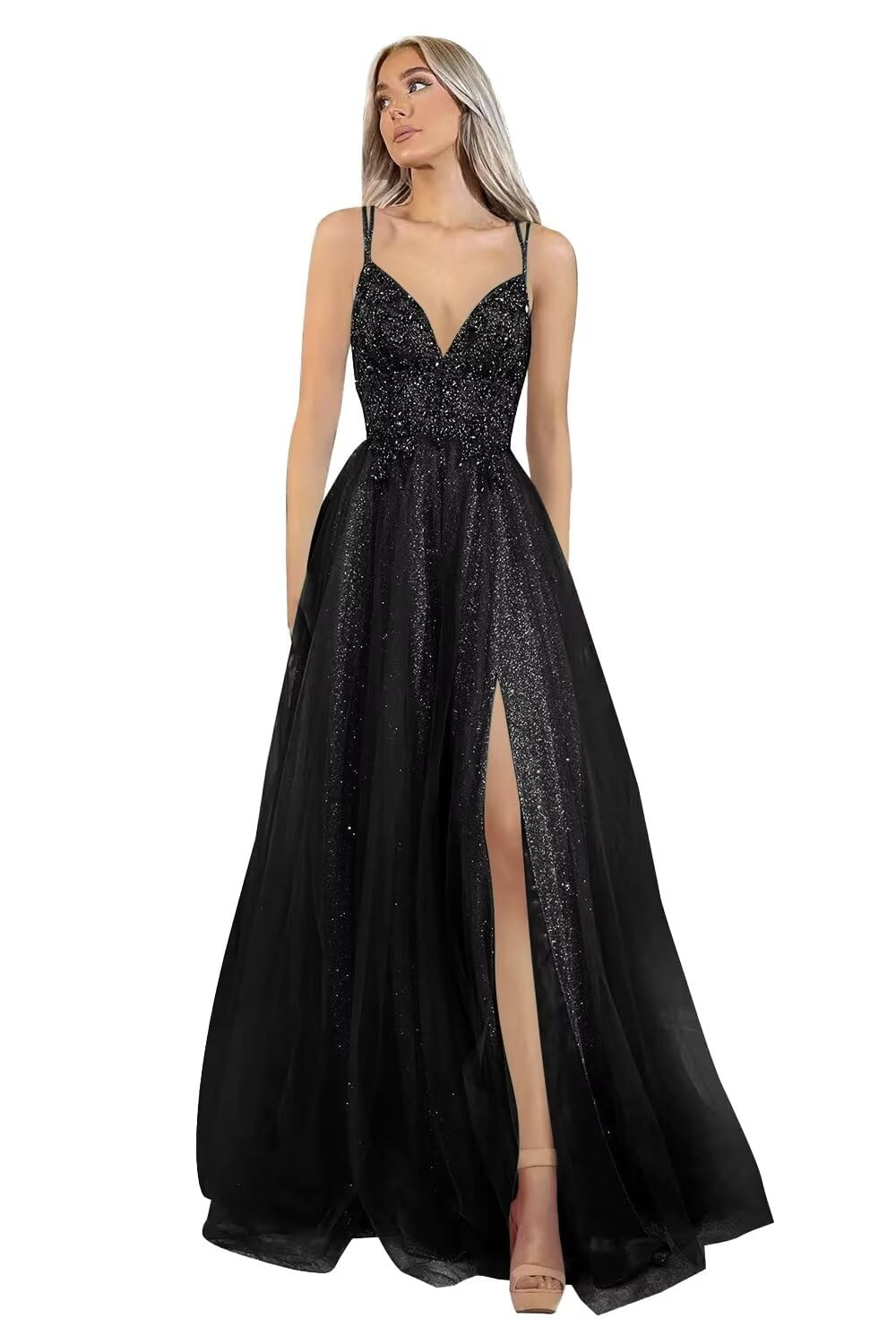 Long Prom Dresses Sequins Beading Deep V-Neck Backless Lace-up Split Tulle A-Line Plus Size Formal Occasion Evening Party Gown Pd22