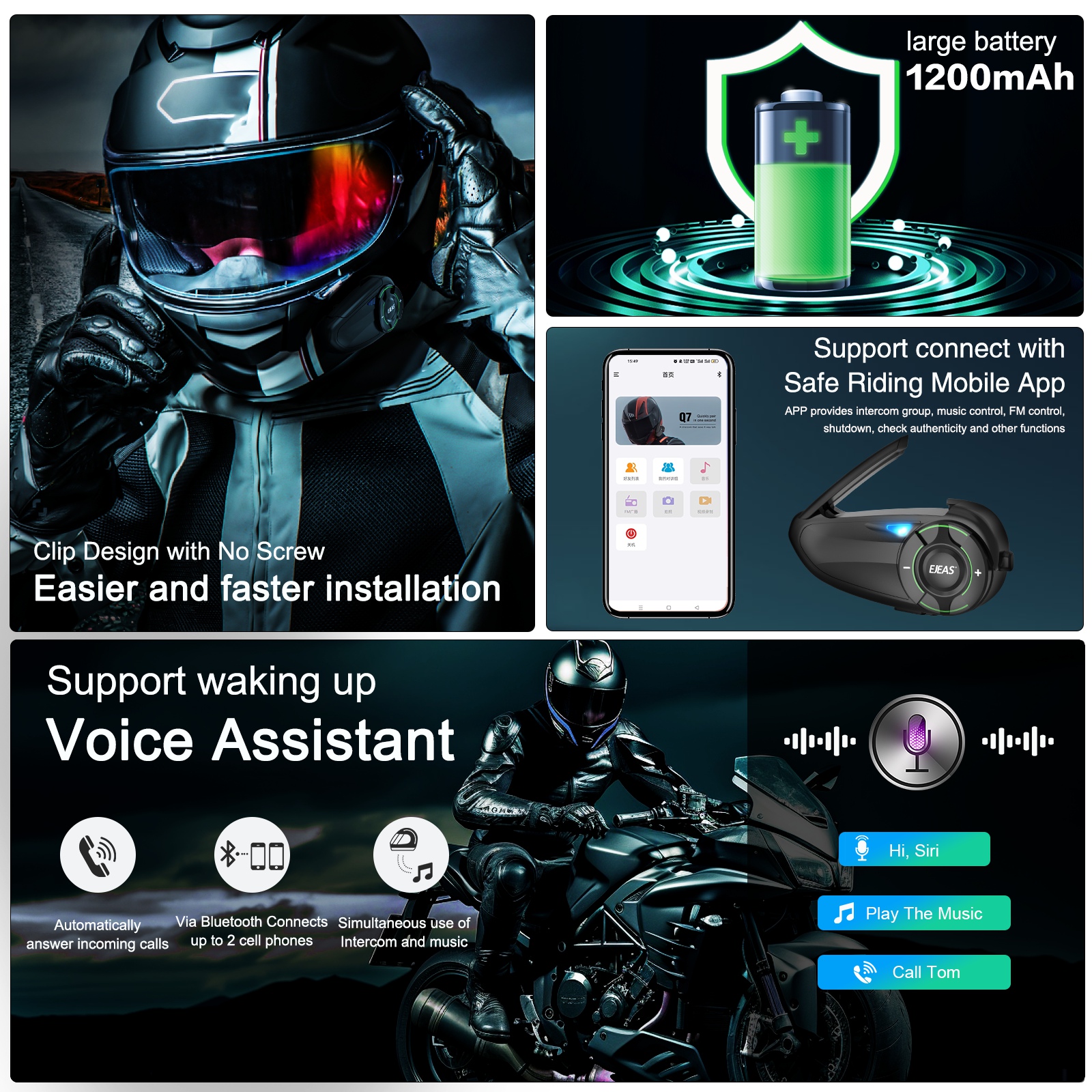 EJEAS Q8 Motorcycle Helmet Headset Intercom Type-C Charging Interface Adopts New Mesh3.0 Technology To Support Channel Switching