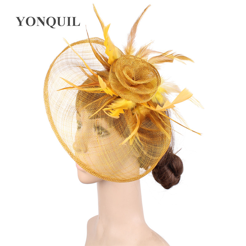 Gold Millinery Cocktail Sinamay Fascinators Feather Flowers Bridal Hair Accessories Party Hats Wedding Hat High Quality SYF470