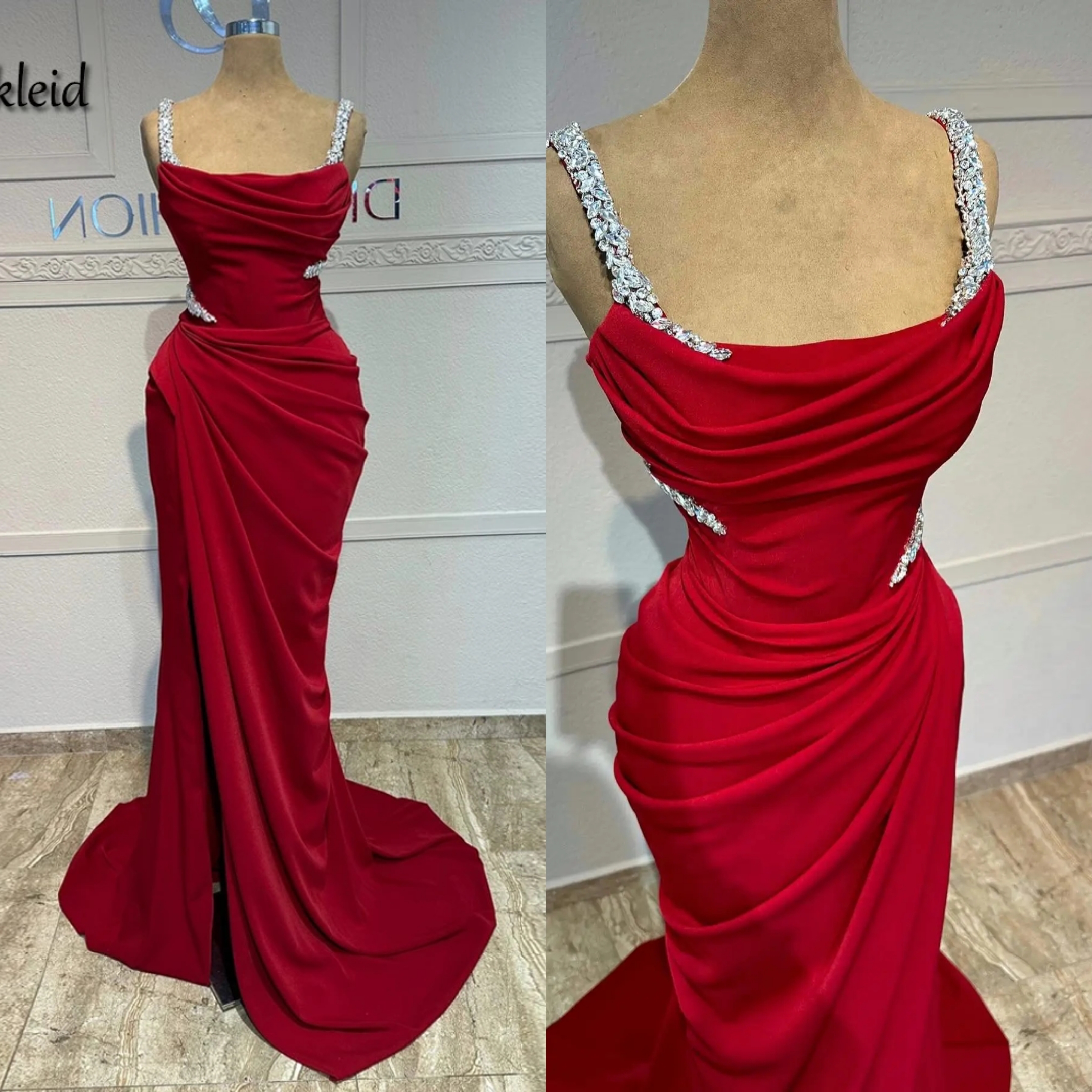 Simple Evening Dresses For Women Spaghetti Strap Sleeveless Gown Crystal Ruffles Sweep Train Dress Party Prom Custom Made