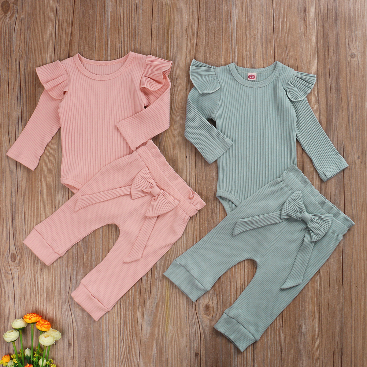 2Pcs New Autumn Winter Baby Girls Clothes Cute Bow Ribbed Solid Long Sleeve Jumpsuit Bodysuit+Pants Toddler Infant Outfits