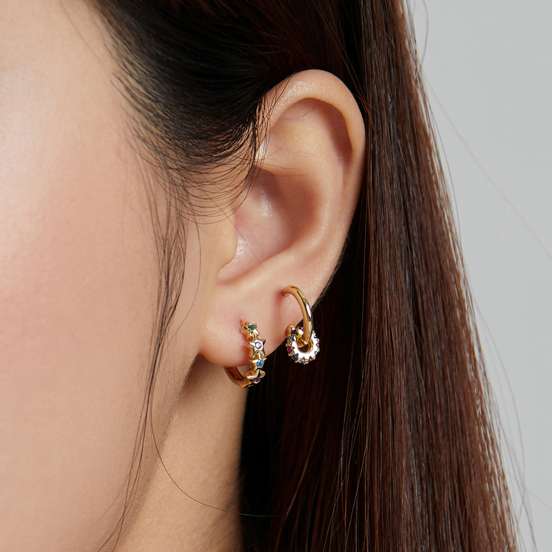 BAMOER 925 Sterling Silver Mono-earring Spanish Gold Pentagram Colorful Circle Heart Flower CZ Starfish Stud Earrings Jewelry