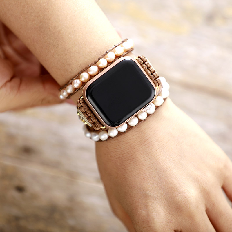 Elegant Freshwater Pearl Aple Women Watch Band Beads Boho 3X Wrap Vegan Rope Watch Strap Wrist Band Bracelet Accessories