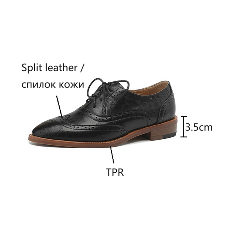 NEW Spring/Autumn Oxfords Split Leather For Women Brogues Vintage Lace Up Loafers Handmade Black Plus Size Shoes