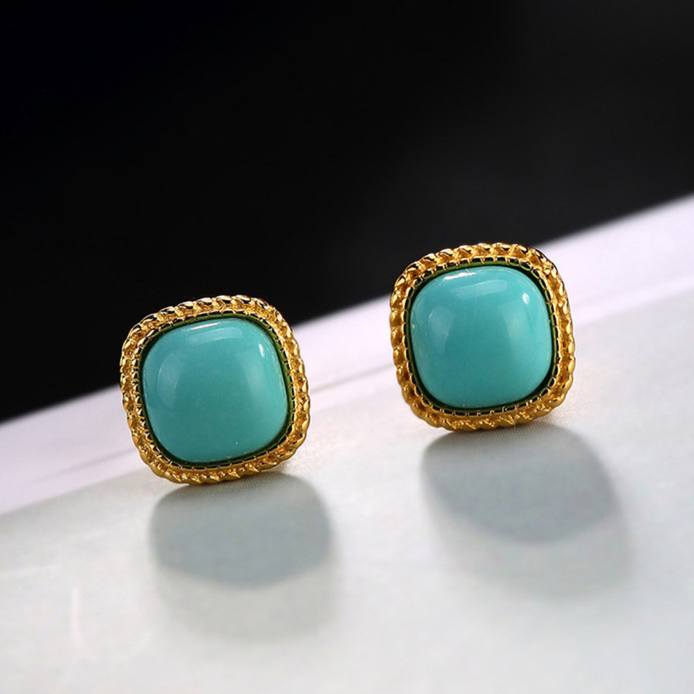 24k Gold Filled Square Turquoise Gemstones Vintage Stud Earrings for Women Classical Jewelry Trendy Accessories Concise Brincos