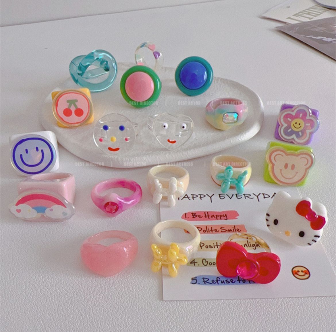 Korean Color Acrylic Niche Personality Simple Cute Sweet Cat Dog Ring Does Not Fade Index Jewelry Set Girl Kid Student Gift