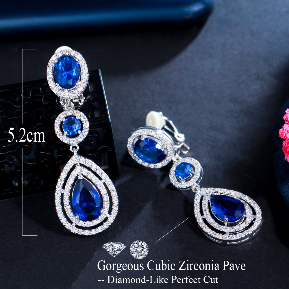 CWWZircons High Quality Women Red Wedding Party Costume Jewelry Long Water Drop Clip On Earring without Piercing Ear CZ244