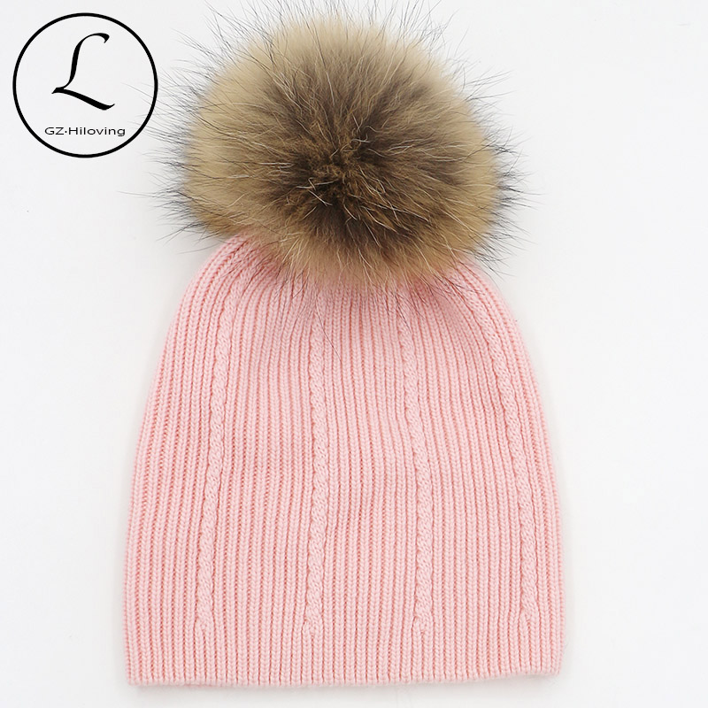Soft Warm Wool Knit Beanies hats With Real Fur Pompom For Baby Girls 5-15 years Winter Skullies Hats and Caps For Kids Childs