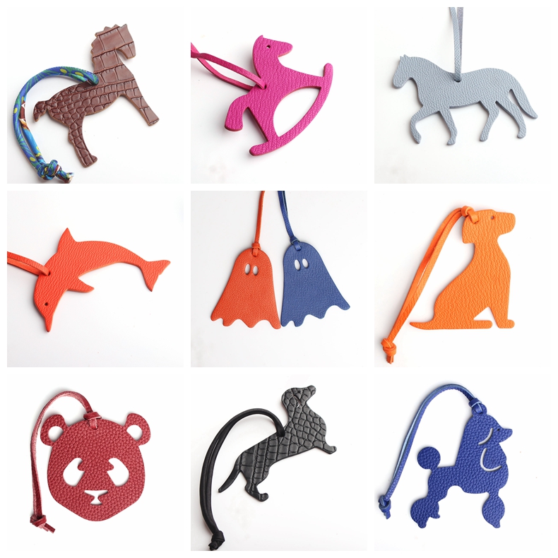 Natural Genuine 100% Full Grain Leather Gost Dog Panda Dolphin Horse Keychain Animal Key Chain Women Bag Charm Backpack Pendant