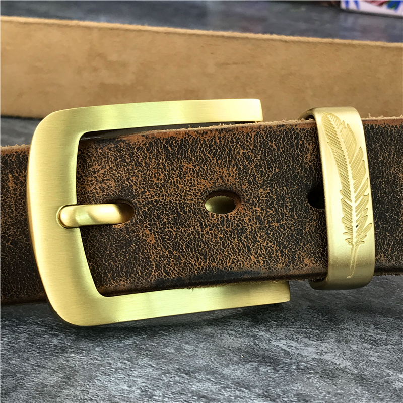 Vintage Brass Belt Buckle Genuine Leather Belt Male Ceinture Yellow Belt Cowboy Jeans Men' Belt Long 130cm Waist Belt MBT0006