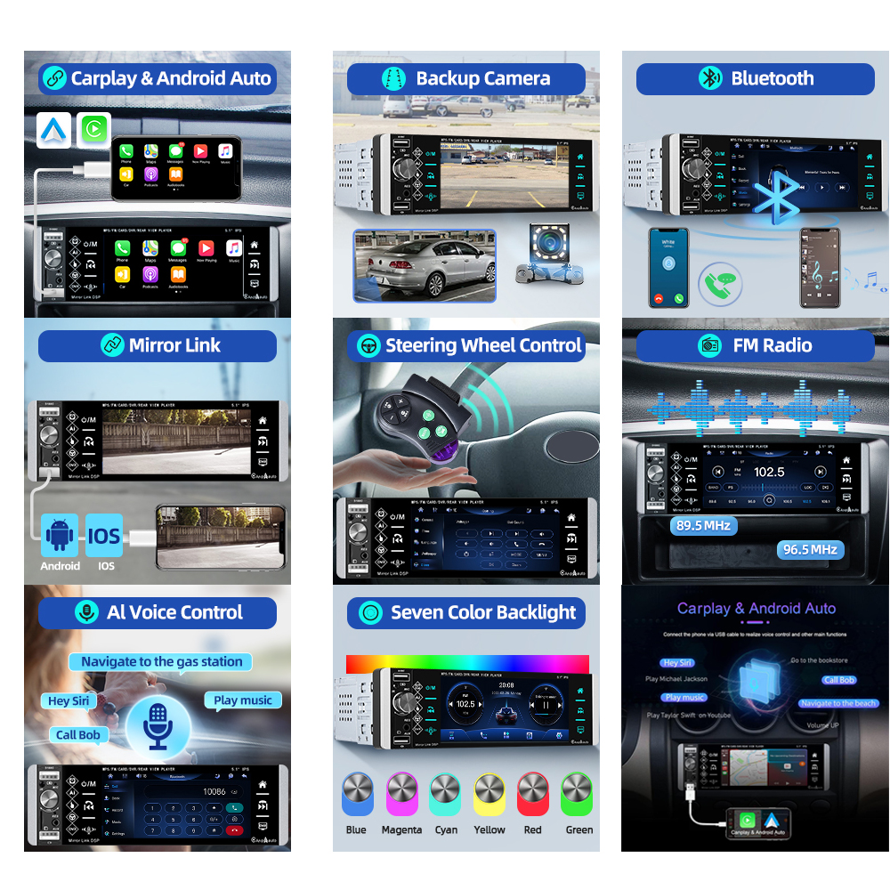 Ptopoyun Single Din Carplay Car Radios 1 din with 5 Inch Screen Android Auto Bluetooth Autoradio FM Stereo Receiver MP5 Player