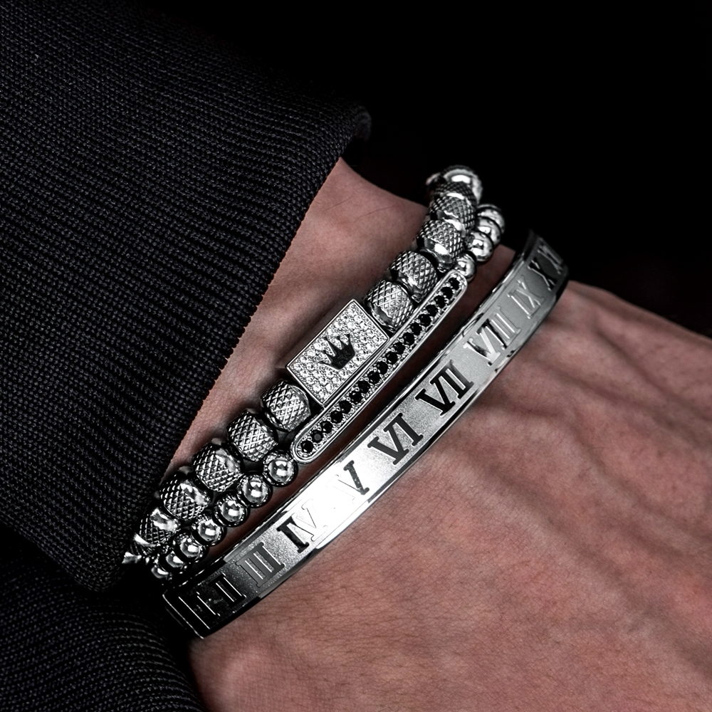 3pcs/Set Luxury Royal King Crown Men Bracelets Roman Numeral Bracelet Unique Design Braided Adjustable Bangle Pulseira