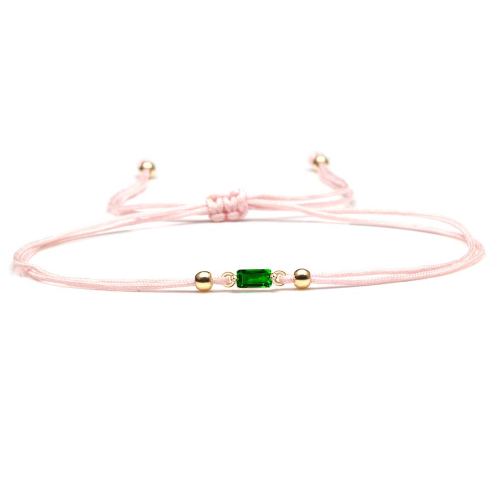 Mini Green Stone CZ Copper Charm Red String Handmade Bracelet Women Girl Small Exquisite Shiny Rectangle Cubic Zirconia Jewelry