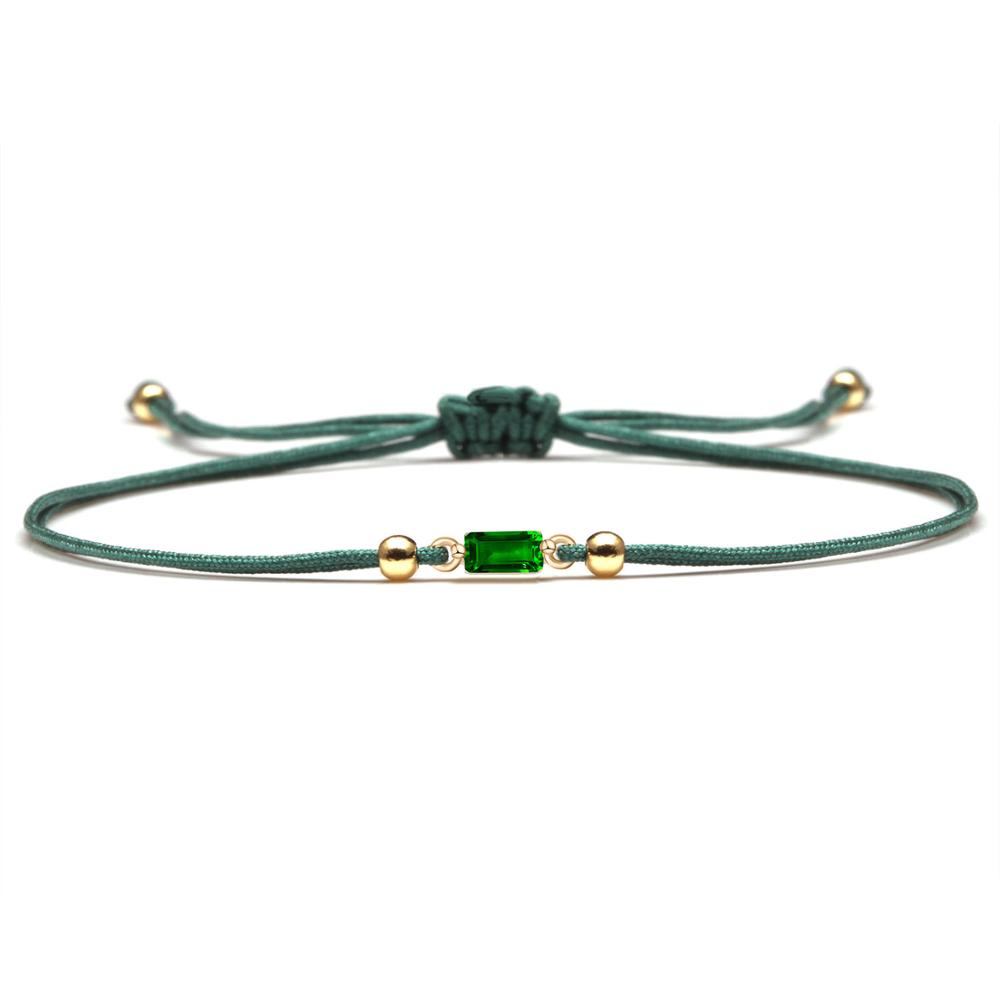 Mini Green Stone CZ Copper Charm Red String Handmade Bracelet Women Girl Small Exquisite Shiny Rectangle Cubic Zirconia Jewelry