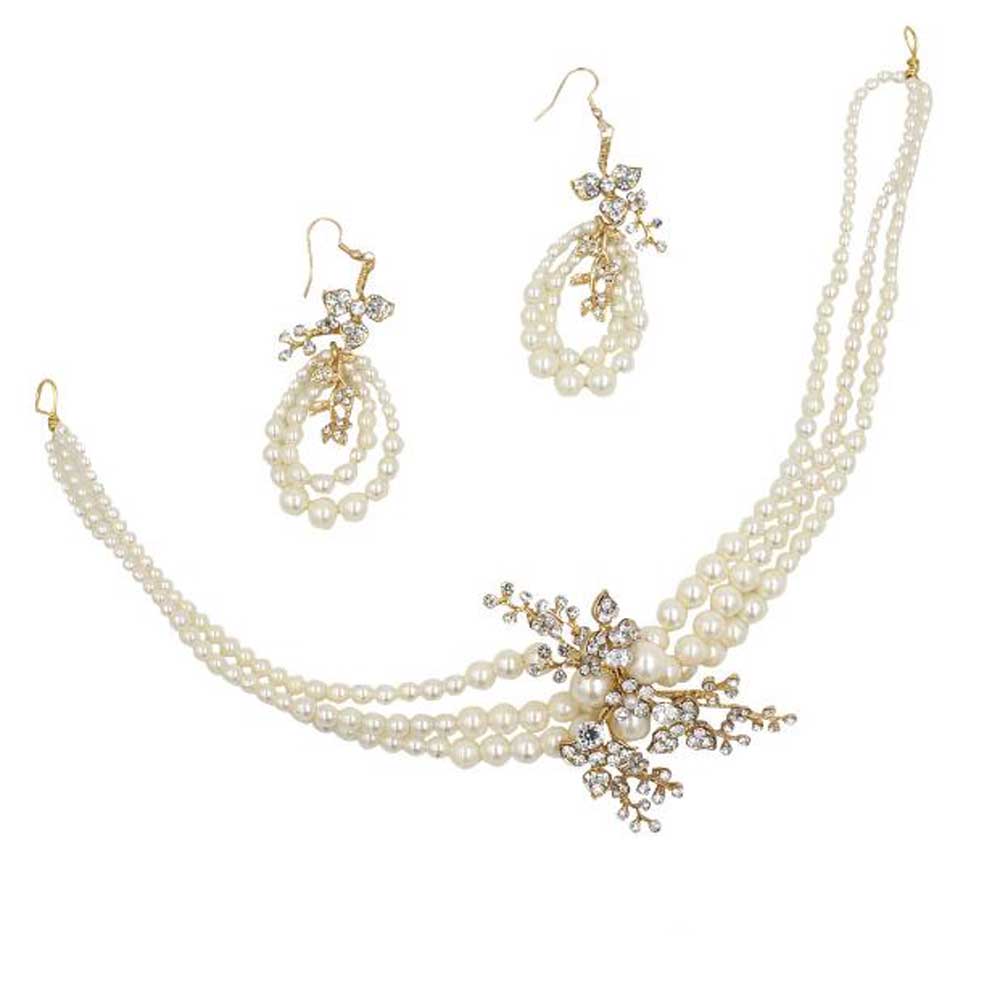 Gold Rhinestone Leaf Pearls Wedding Headband Tiara with Earrings Crystal Headpiece Bridal Hair Accessories for Bride Women