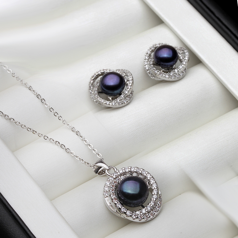 Real White Black Natural Pearl Necklace Earring Set For Women,Wedding 925 Sterling Silver Fine Jewelry Anniversary
