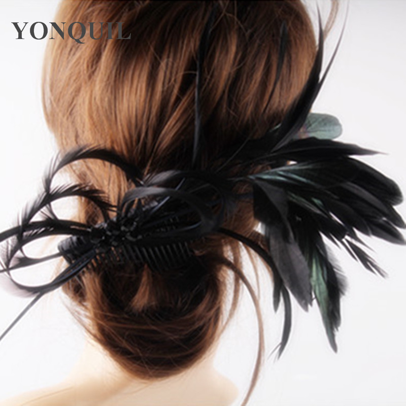 Multiple Colors Feather Party Fascinator Hats With Hair Combs Elegant Women Wedding Races Hair Accessories Grey Headwear SYF225