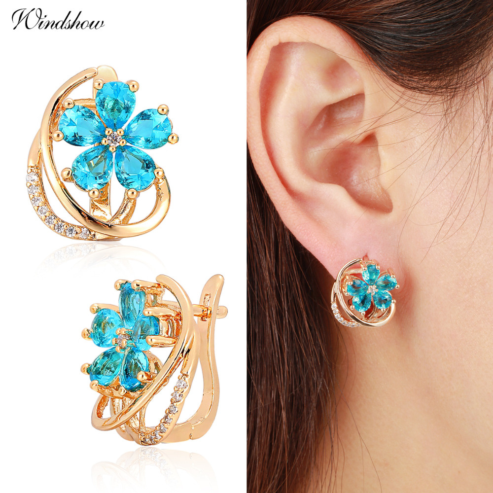 New Five Petal Flower Paved Pear Light Blue Crystals Yellow Gold Color D Huggie Hoop Earrings for Women Jewelry Pendientes Aros