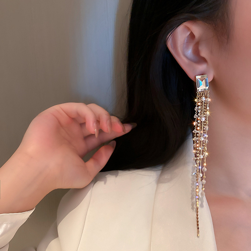 FYUAN Geometric Square Crystal Rhinestone Earrings for Women Bijoux Long Tassel White Beads Dangle Earrings Statement Jewelry