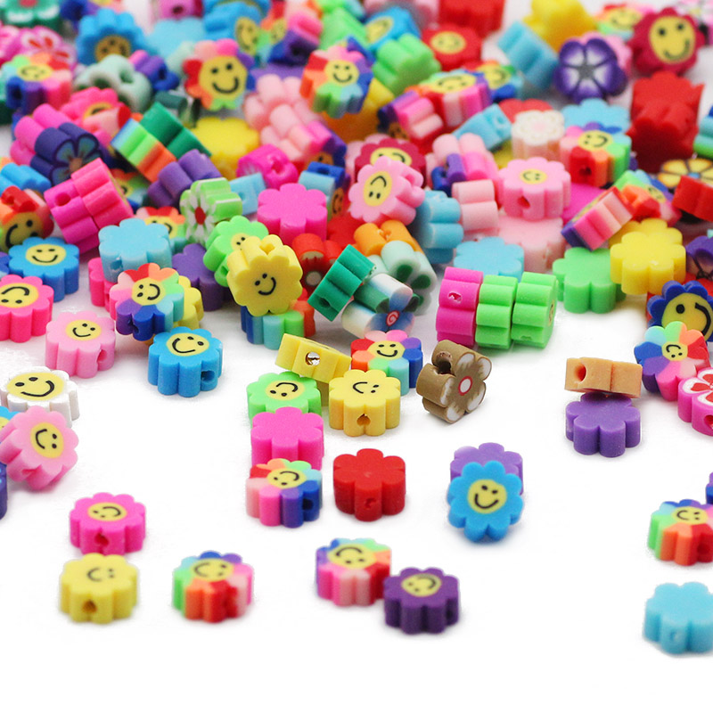 50pcs Mix Color Flower Smile Polymer Clay Bead Spacer Loose Beads For Jewelry Making DIY Bohemian Bracelet Necklace Accessories
