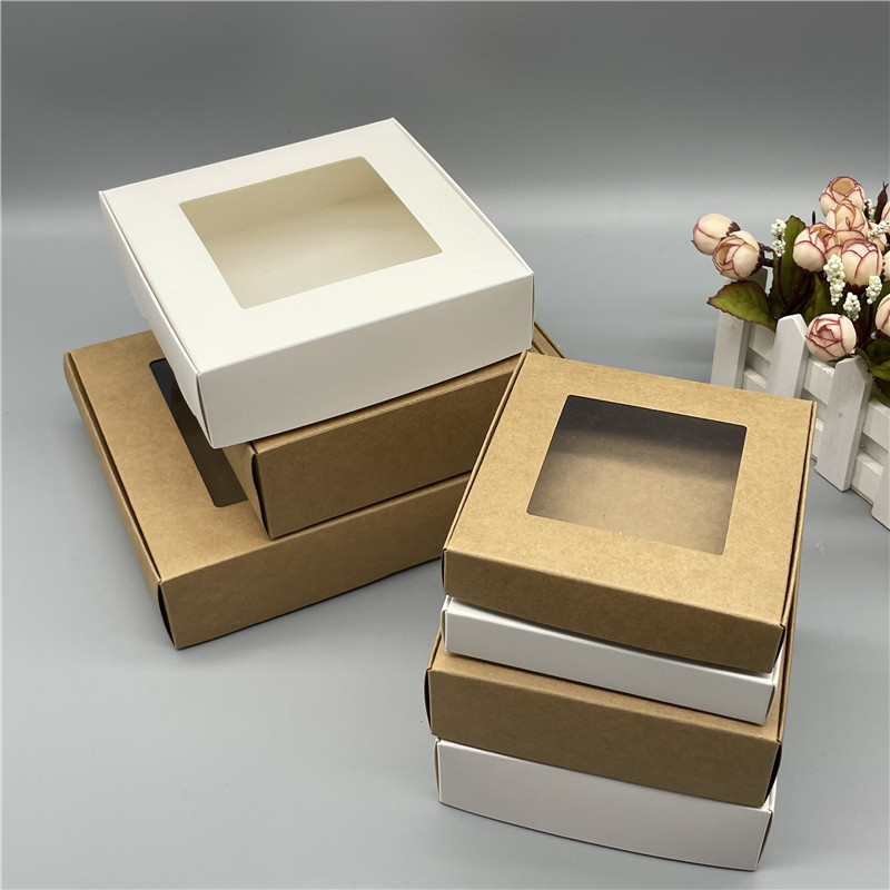 15Pcs Kraft Paper Box Clear PVC Windows Handmade Soap Box White Craft Paper Gift Box Black Packaging Jewelry Boxes