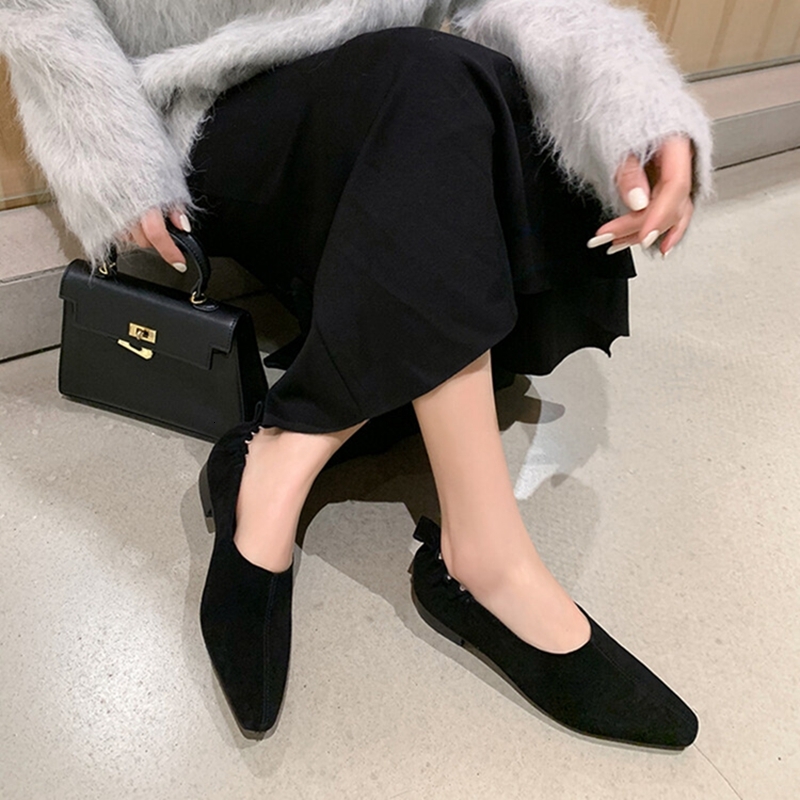 NEW Spring/Autumn Loafers Sheep Suede Leather For Square Toe Chunky Heel Soft Shoes Black Shallow Women Pumps