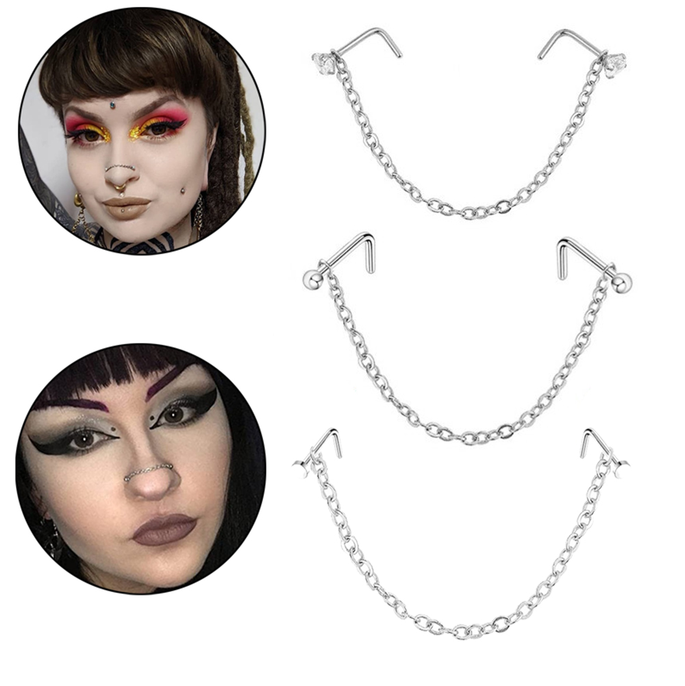 1PC 316L Surgical Steel Nose Chain CZ Crystal Nose Stud Earring Piercing Nariz Piercing Septum Double Nose Piercing Body Ring