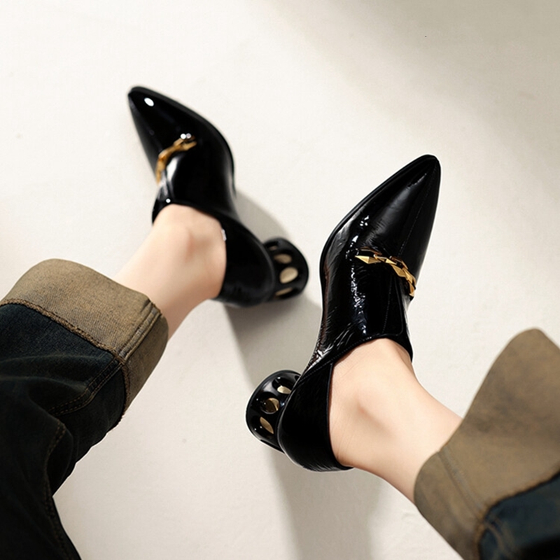 NEW Spring/Autumn Pumps Split Leather For Pointed Toe Round Women Slip-On High Heel Chain Shoes