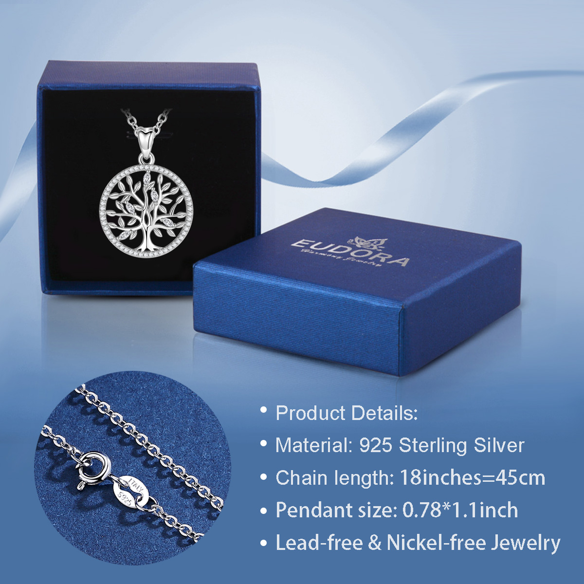 EUDORA 925 Sterling Silver Tree of Life Necklace Oak Tree CZ Pendant Nature Jewelry Bride Birthday Party Best Gift for Women 401