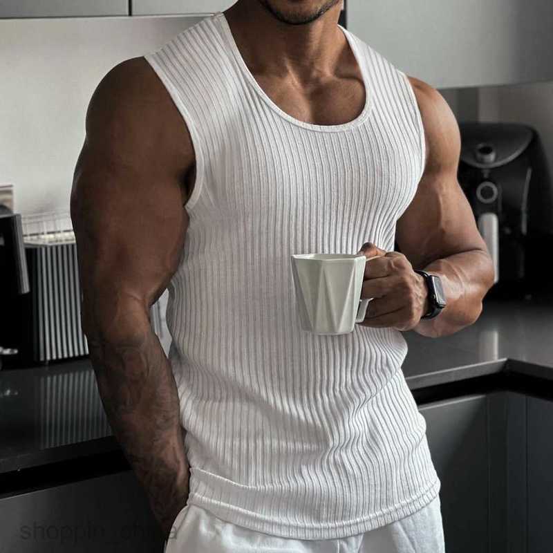 Men's T Shirts Summer Knitted Vertical Fitness Sports Leisure Slim Fit Tank Top for Male Sleeveless Wide Shoulder Tank Top for Men tees tops