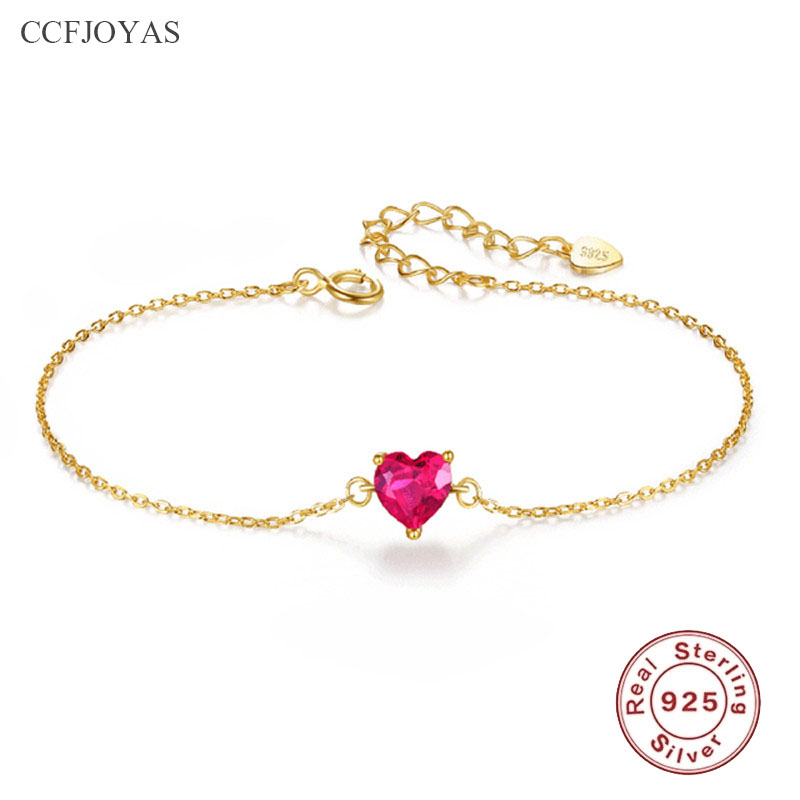 CCFJOYAS 925 Sterling Silver 14K Gold Plated Small Red Heart Bracelet Female Korean Style Simple Japanese Style Ruby Bracelet