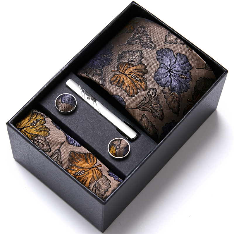 Brand Luxury Silk Tie Handkerchief Pocket Squares Cufflink Set Tie Clip Necktie Box Clothing accessories Beige